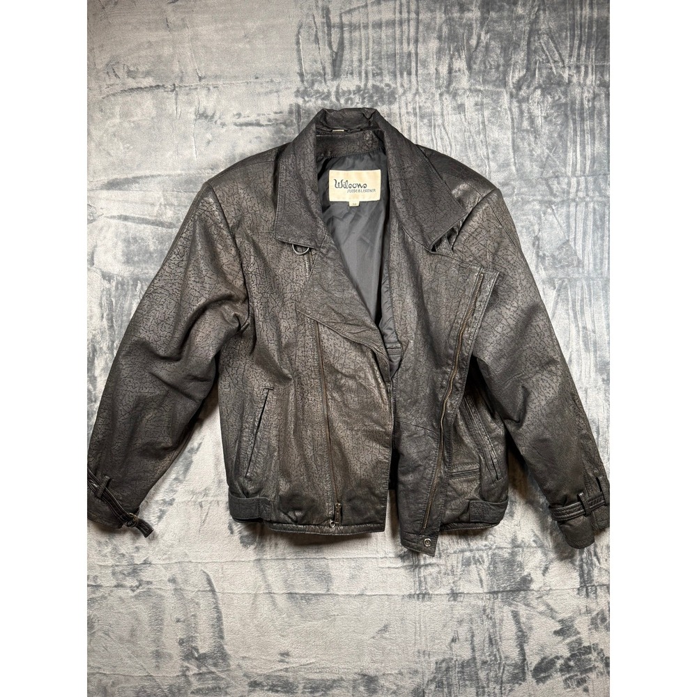 Wilsons Leather Jacket Mens 38 Black Vintage Biker Moto Textured Crackle Coat